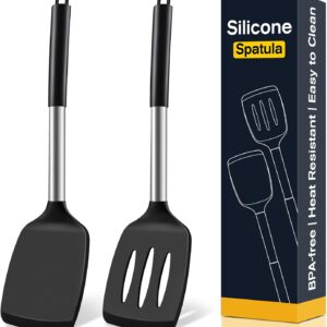 2 Pack Silicone Spatula Set, Solid & Slotted Turner for Non-Stick Pans, High Heat Resistant Silicone Spatula for Cooking, BPA-Free Stainless Steel Cooking Utensils for Fish, Eggs, Pancakes, Black
