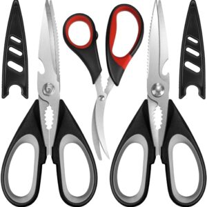All Purpose Kitchen Shears with Protective Sheath, Heavy Duty 3 Pack Kitchen Scissors with Serrated Blade, Stainless Steel Cooking Scissors for Poultry, Food, Vegetables